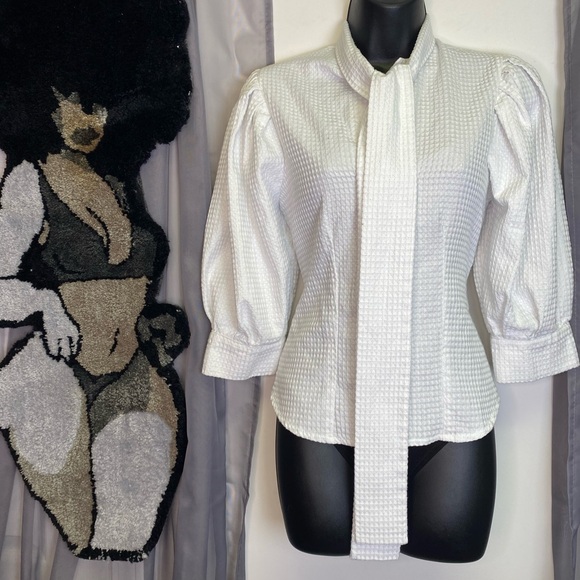 Magoo Couture White Waffle Textured Blouse | Puff Sleeve |Made in the USA. - Picture 1 of 15